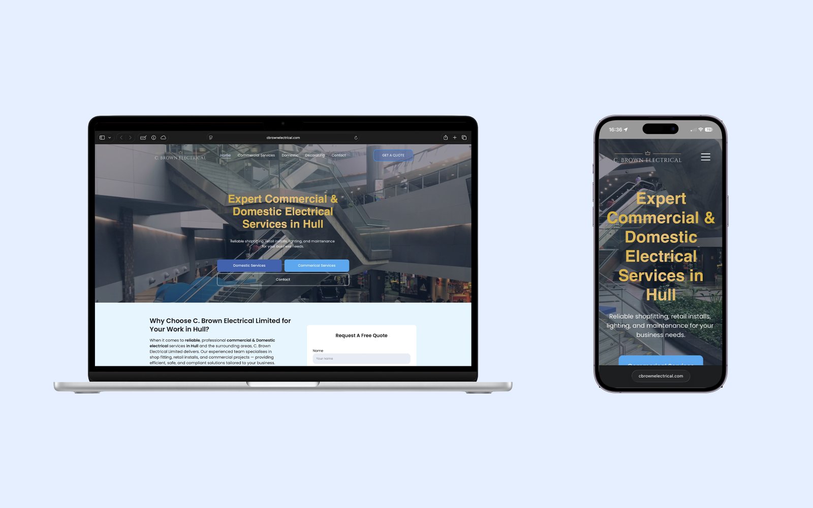 Case study screenshot for C. Brown Electrical positioned as the go-to commercial electrician in Hull (without ignoring domestic)