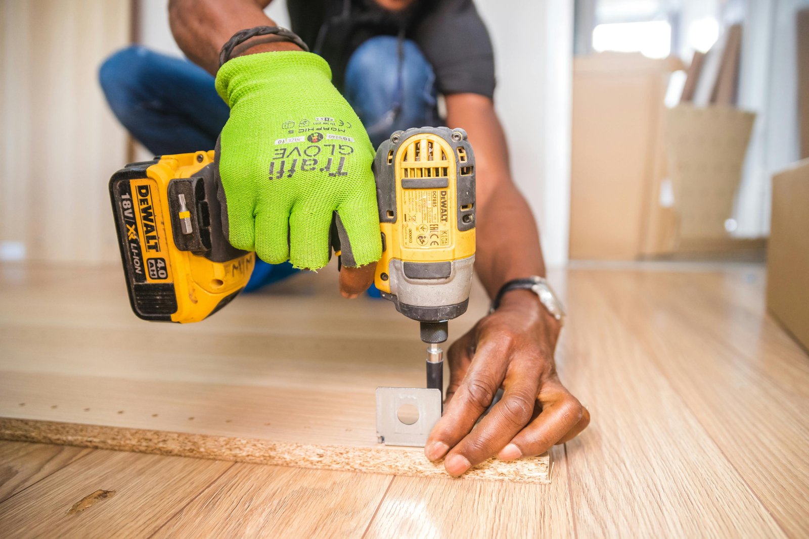 Handyman fixing cabinet hinge