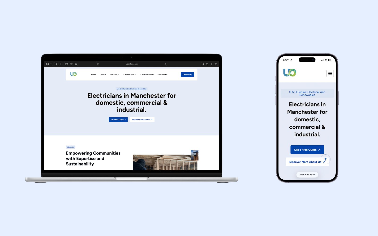 Homepage hero section example for Electricians by MyTrady